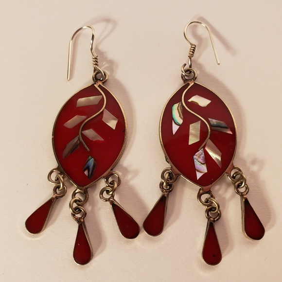 Vintage 1970s Drop Dangle Leaf Inlaid Earrings - Picture 5 of 5